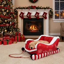 Cama navideña para perros con trineo, sofá cálido lavable con parte inferior antideslizante para mascotas, nido navideño para perros y gatos para invierno, cálido, interior y exterior