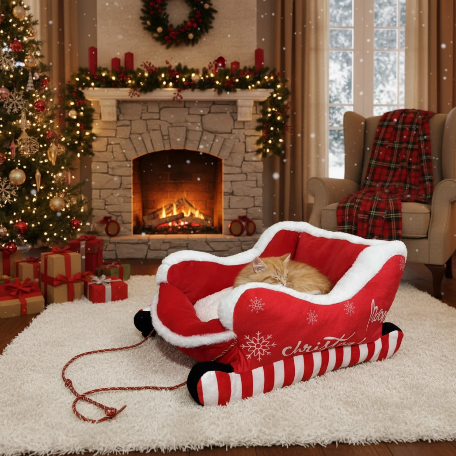 Cama navideña para perros con trineo, sofá cálido lavable con parte inferior antideslizante para mascotas, nido navideño para perros y gatos para invierno, cálido, interior y exterior - imagen 2