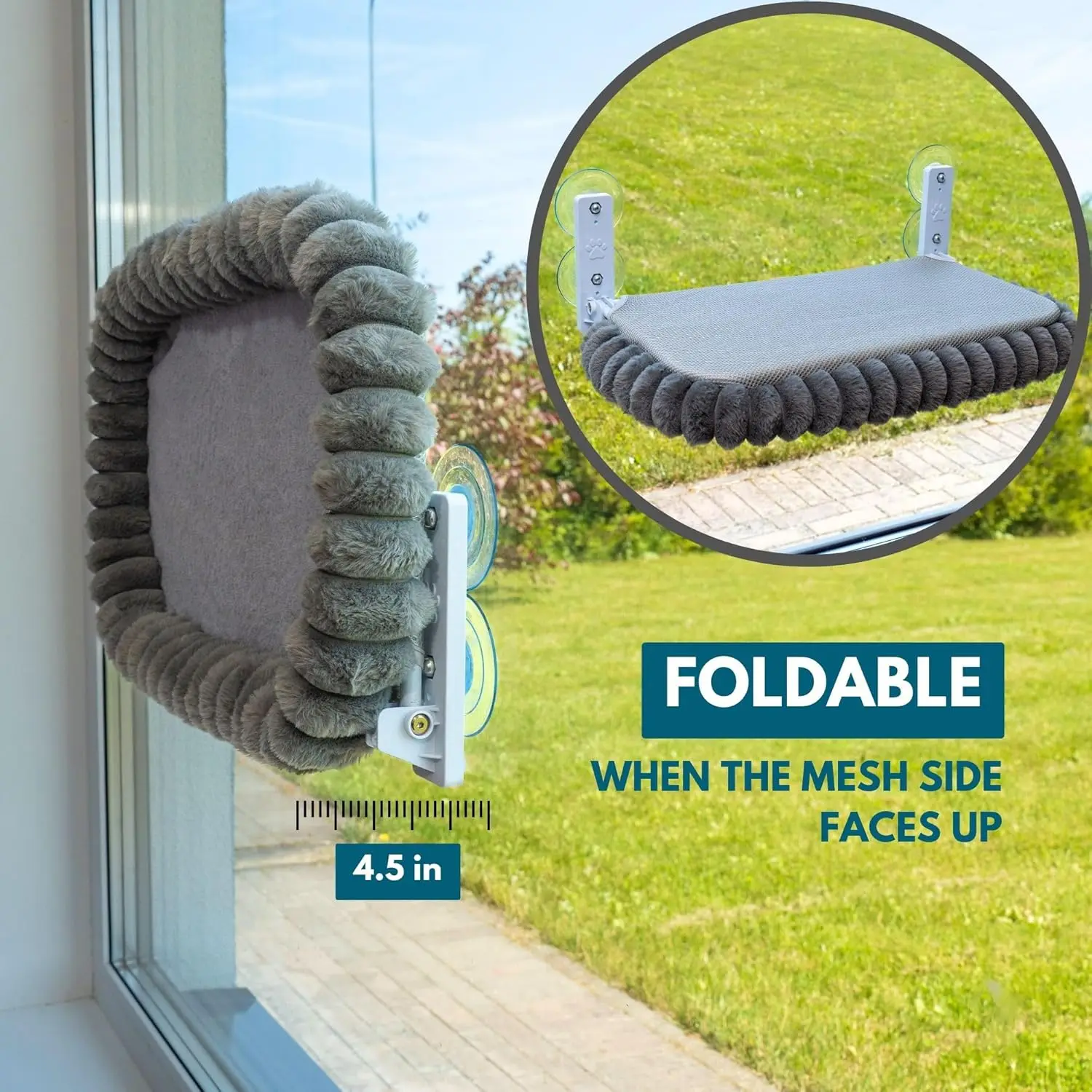 Percha para ventana de gato plegable para tomar el sol, hamaca para ventana de gato, cama resistente con 4 ventosas fuertes y cubierta Reversible extraíble - imagen 3