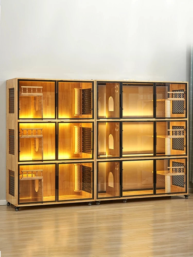 Jaula para gatos de madera maciza, chalet para gatos de tres pisos, armario para gatos de lujo, caja de arena, vitrina de embarque - imagen 2