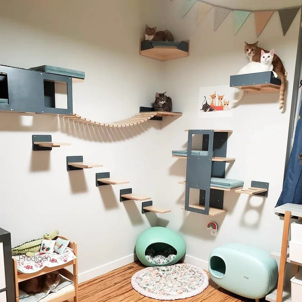 Marco de escalada de madera para gatos, muebles montados en la pared para gatos, escalera de escalada para gatos, hamaca, plataforma de salto para gatos, estructura de escalada