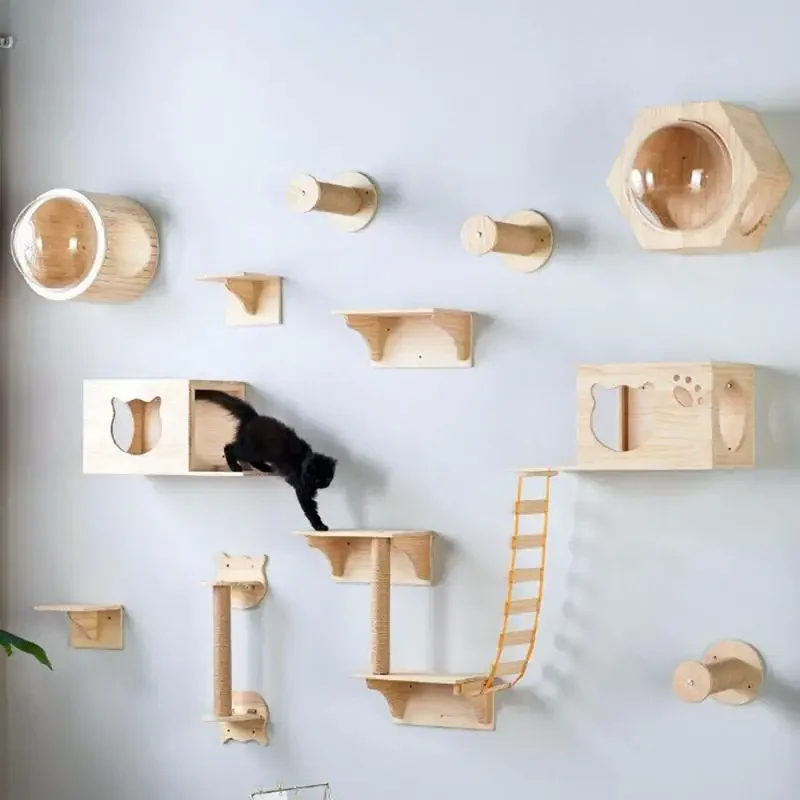 Hamaca para gatos con puente para gatos montada en la pared con escalera de madera o poste rascador para perca para gatos y patio de juegos interior para gatos