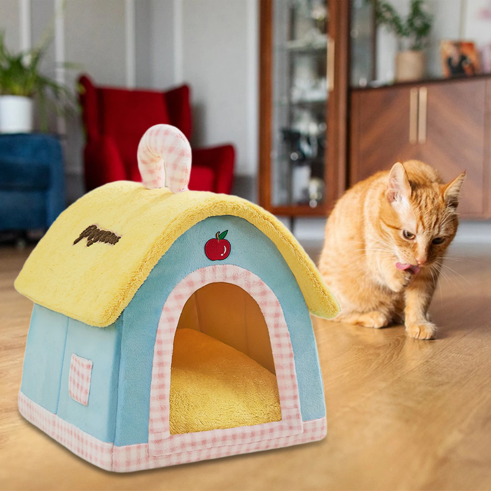 Casa para gatos semicerrada, desmontable, portátil, suave, cálida, para invierno, cama para gatos para animales pequeños, cachorros, gatitos, suministros para mascotas