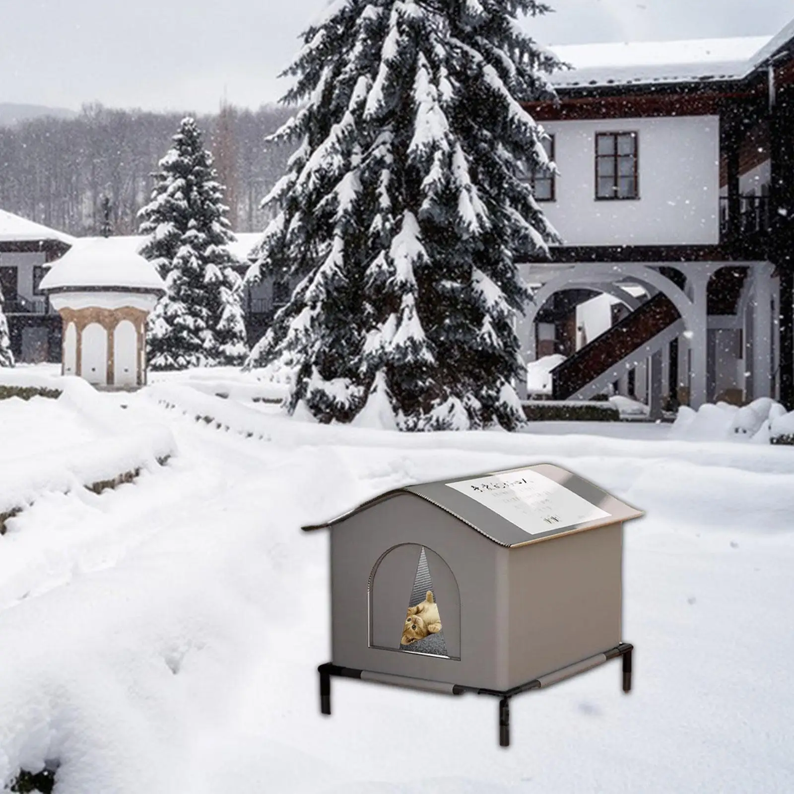 Casa para gatos de tela Oxford, refugio cálido para invierno resistente a la intemperie con almohadilla suave para perros pequeños, suministros para mascotas - imagen 3