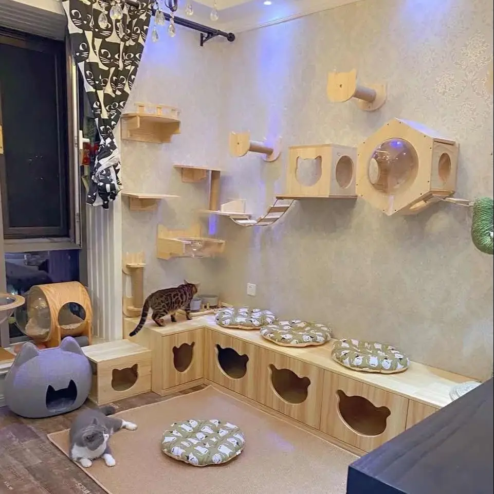 Poste rascador de Sisal para gatos, marco de escalada para mascotas, nido para gatos montado en la pared, árbol para gatos, plataforma para saltar en la nube, banda de rodadura de madera - imagen 4