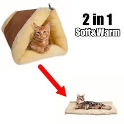 Cama gato 2 en 1 cueva de vellón y alfombrilla autocálida plegable