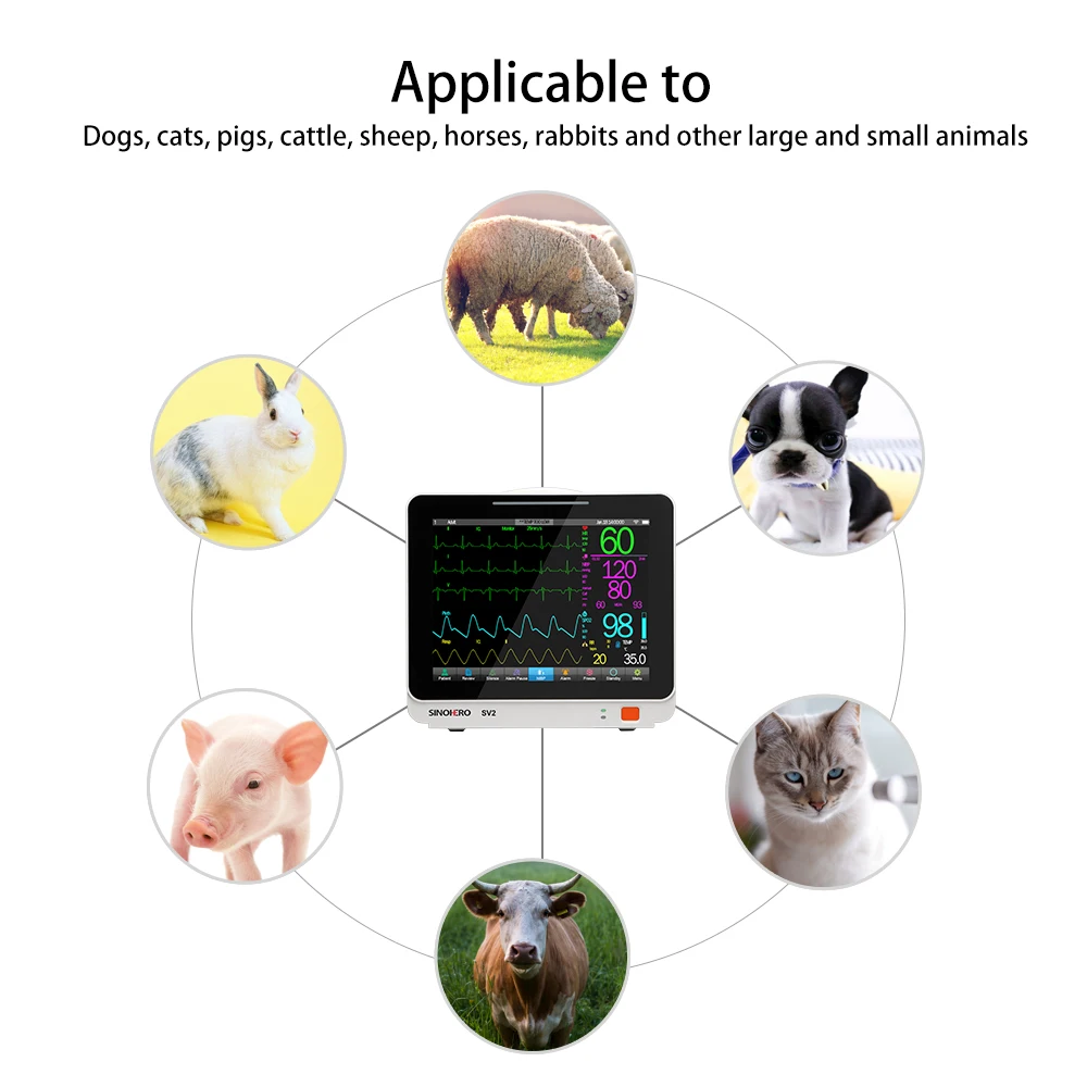 Monitor veterinario SV2 pantalla LCD táctil de 5,5 "ECG RESP SpO2 PR NIBP Monitor de señales vitales multiparamómetros para animales de compañía