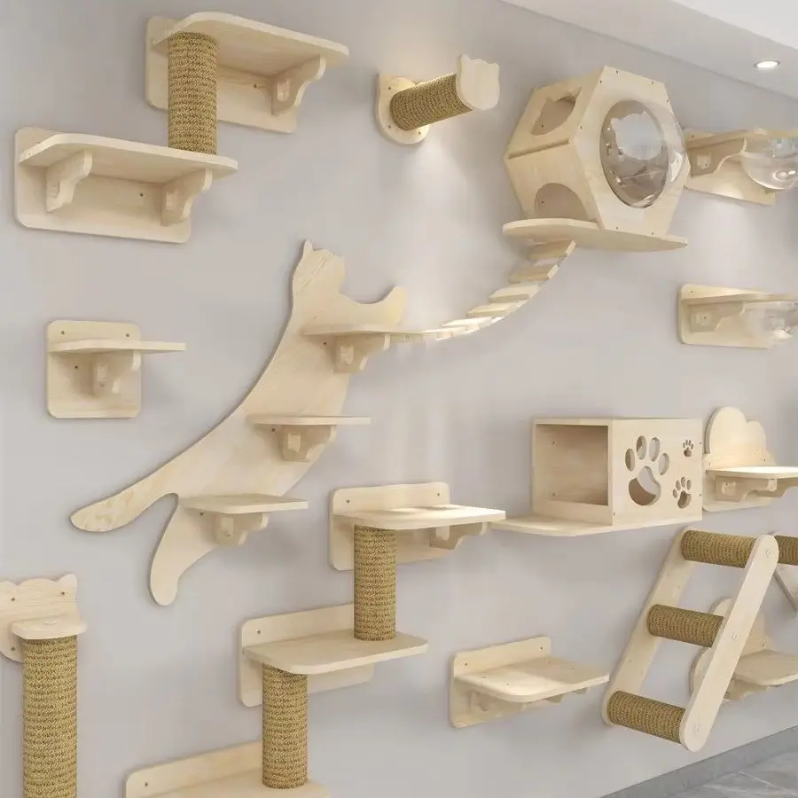 Muebles para gatos, puente de suspensión de madera maciza, escalera de escalada de Sisal montada en la pared, peldaños de madera ecológicos para el paraíso del gato - imagen 3