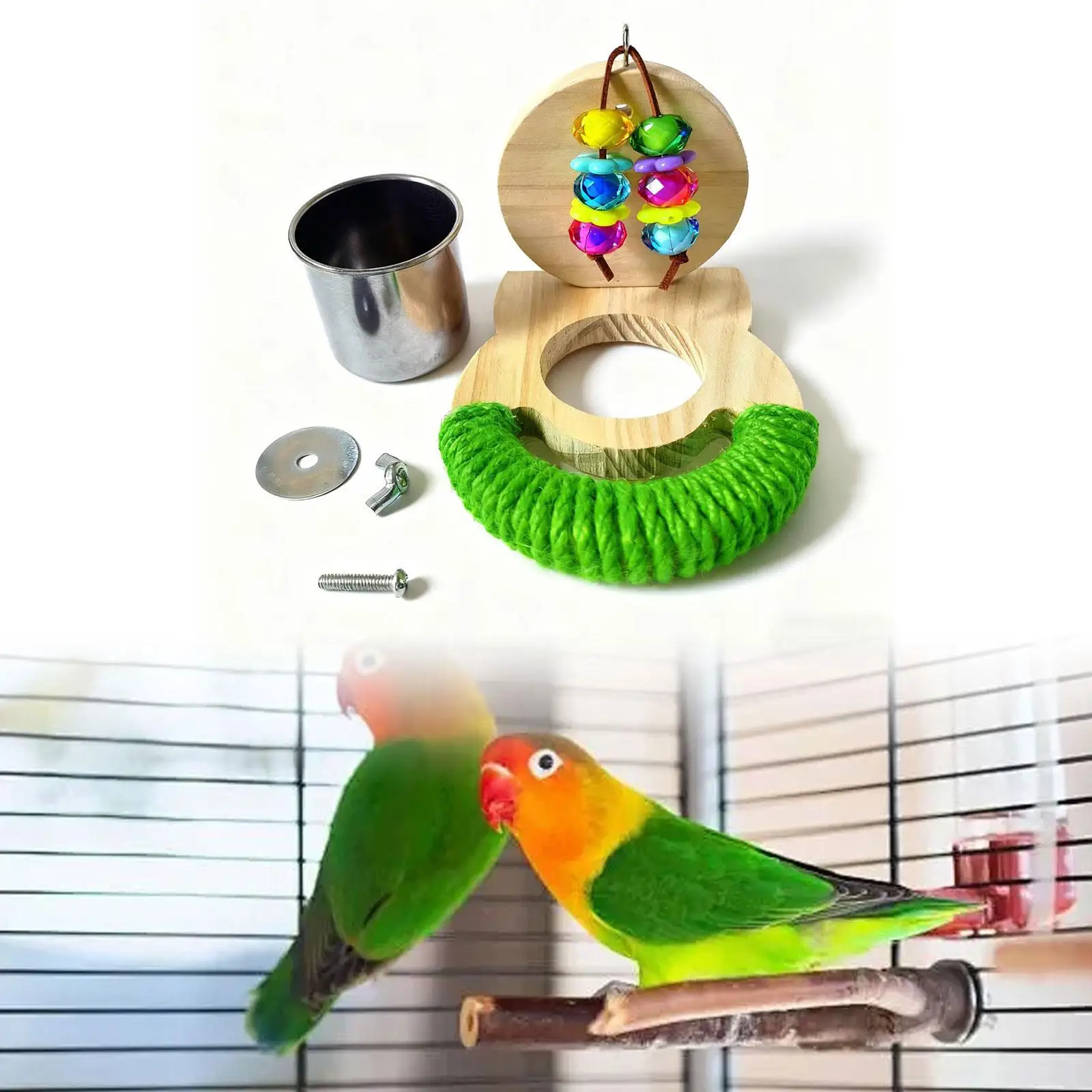 Comedero colgante para pájaros, soporte de madera para percha con plato de alimentación, tazas, jaula, accesorios para periquitos, Conures, Lovebirds - imagen 3