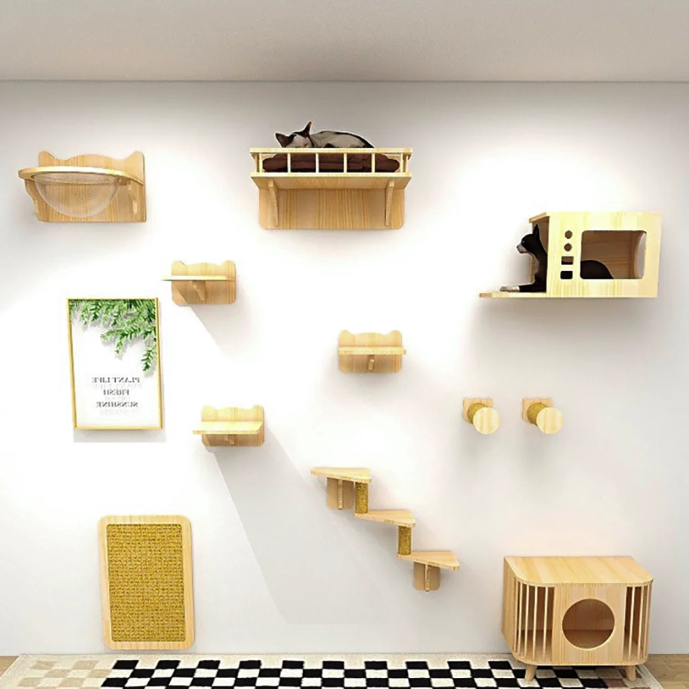 Muebles de pared para rascar gatos, hamaca montada para gatos grandes o gatitos, perchas de árbol de escalada de madera, camas de Sisal, juego de escaleras