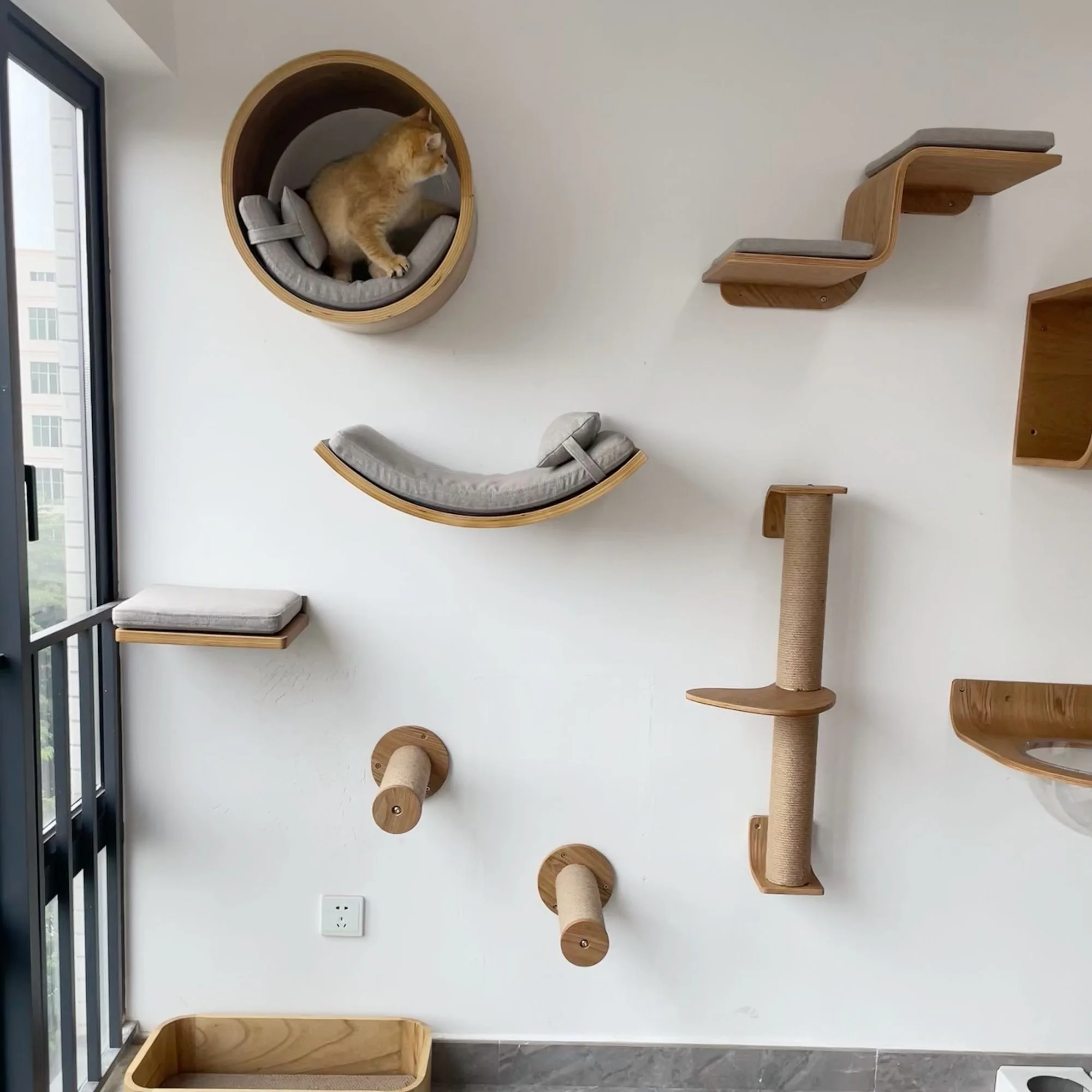 Cat Climbing Shelves Wooden Cat Tree and Perches Scratcher Sisal Ladder Indoor Cats Hammock and House Pet Furniture - imagen 4