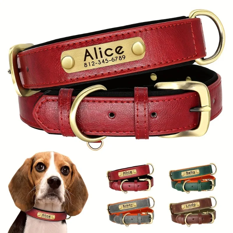 Collar perro personalizado cuero PU acolchado placa grabado gratuito - imagen 3