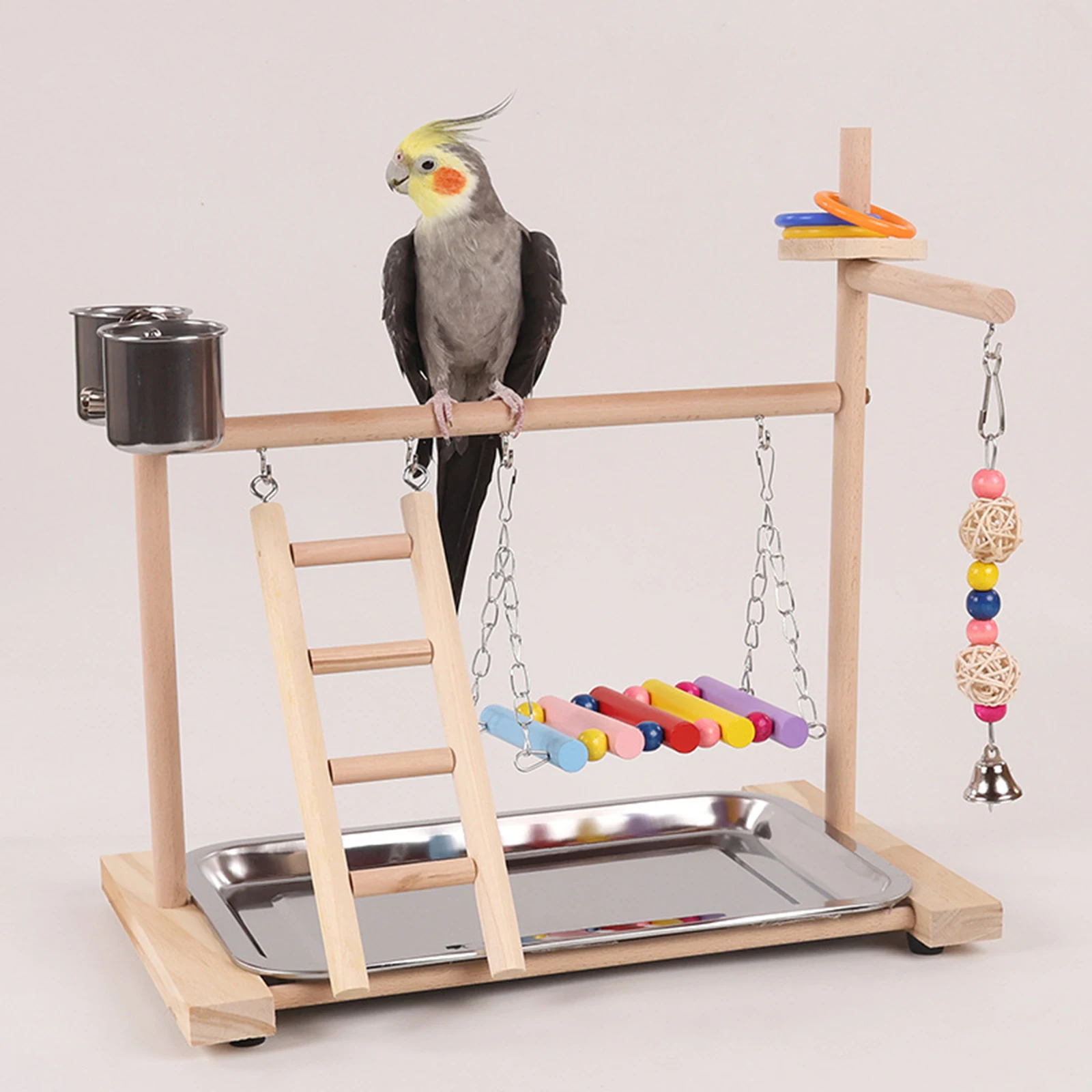 Mesa de juegos para loros con 2 tazas de alimentación, parque infantil de madera para loros, Conures, cacatúa, Lovebird, suministros para pájaros