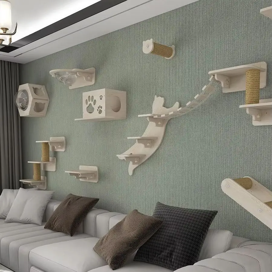 Muebles para gatos, puente de suspensión de madera maciza, escalera de escalada de Sisal montada en la pared, peldaños de madera ecológicos para el paraíso del gato - imagen 2