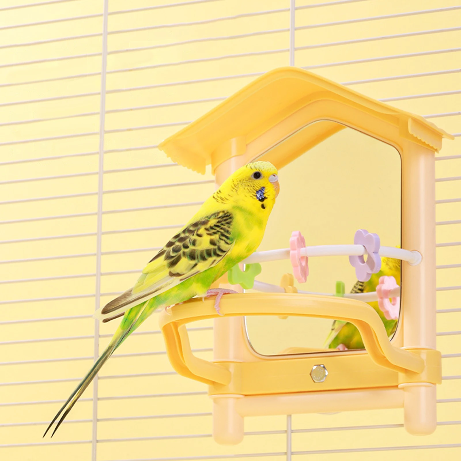 Juguete con espejo para pájaros con soporte para percha, centro de actividades, jaula de juguete para masticar loros, accesorios para periquito, cacatúa, Conure, Lovebird