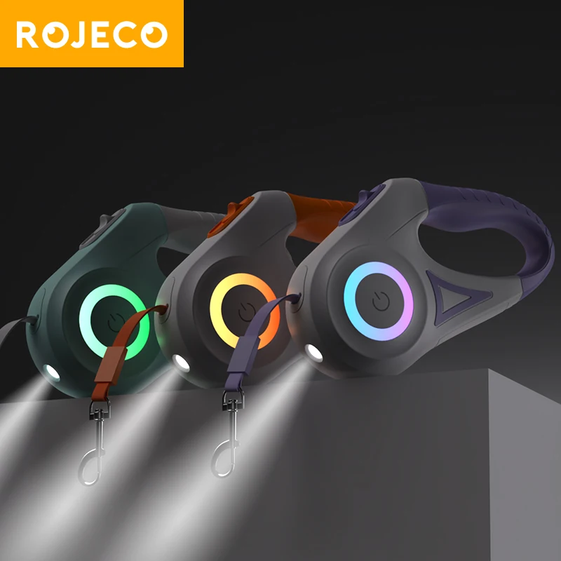ROJECO, correa retráctil para perro de 5M, luz LED automática, correa luminosa para ruleta, cuerda para perros, mascotas ajustables, cables para correr para caminar