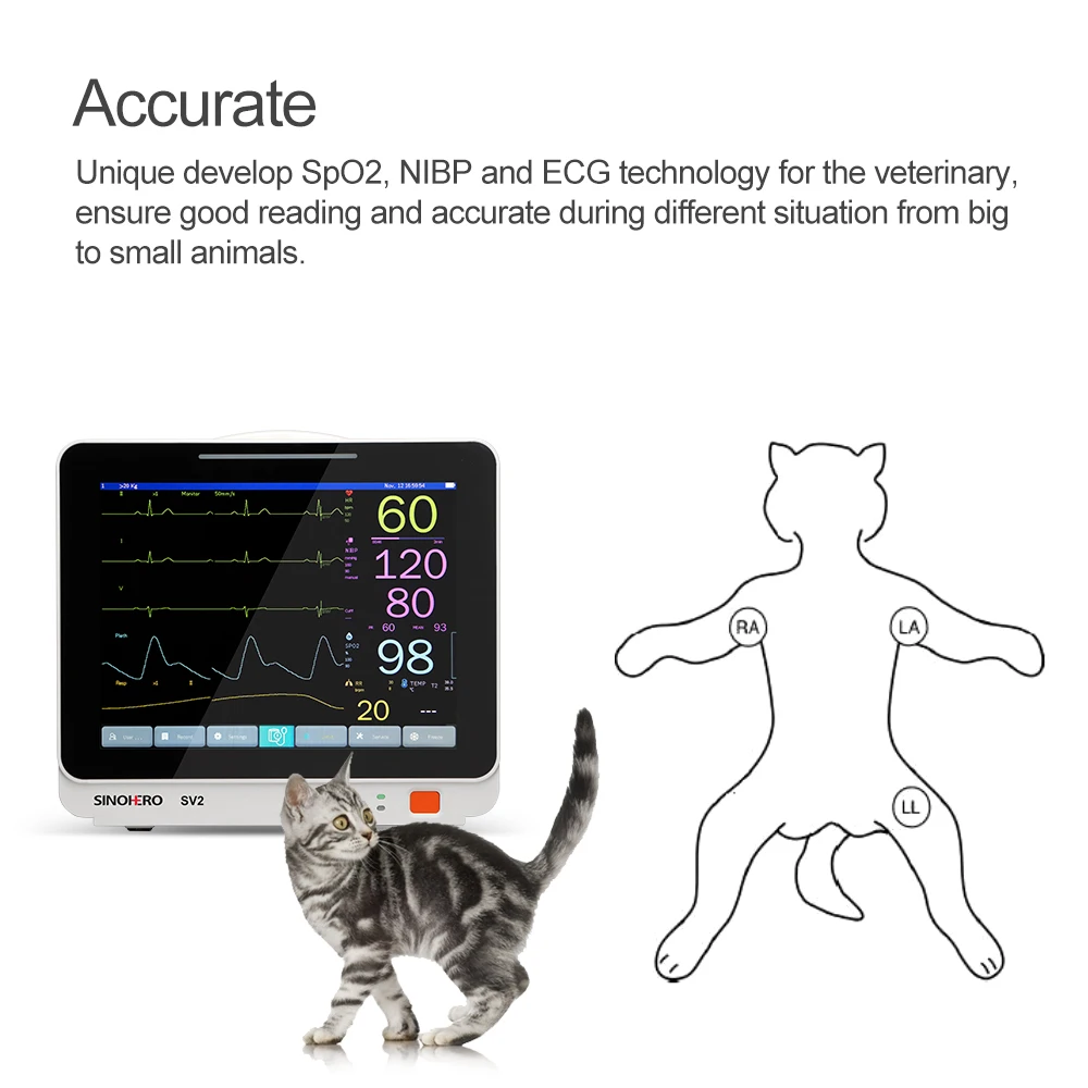 Monitor veterinario SV2 pantalla LCD táctil de 5,5 "ECG RESP SpO2 PR NIBP Monitor de señales vitales multiparamómetros para animales de compañía