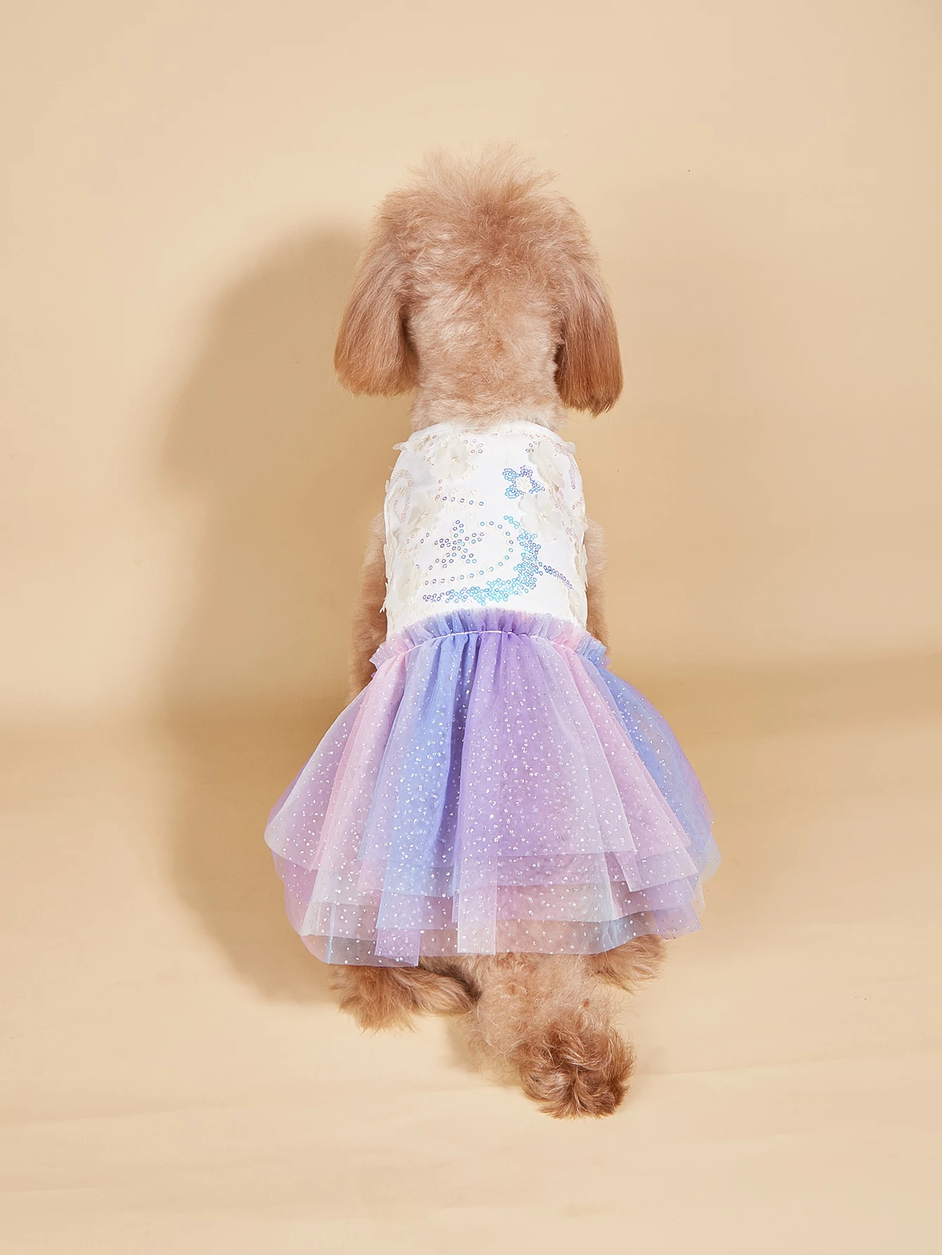 Vestido colorido degradado para mascotas, top floral de lentejuelas con falda de tul arcoíris, ropa de princesa de verano ligera y encantadora - imagen 3