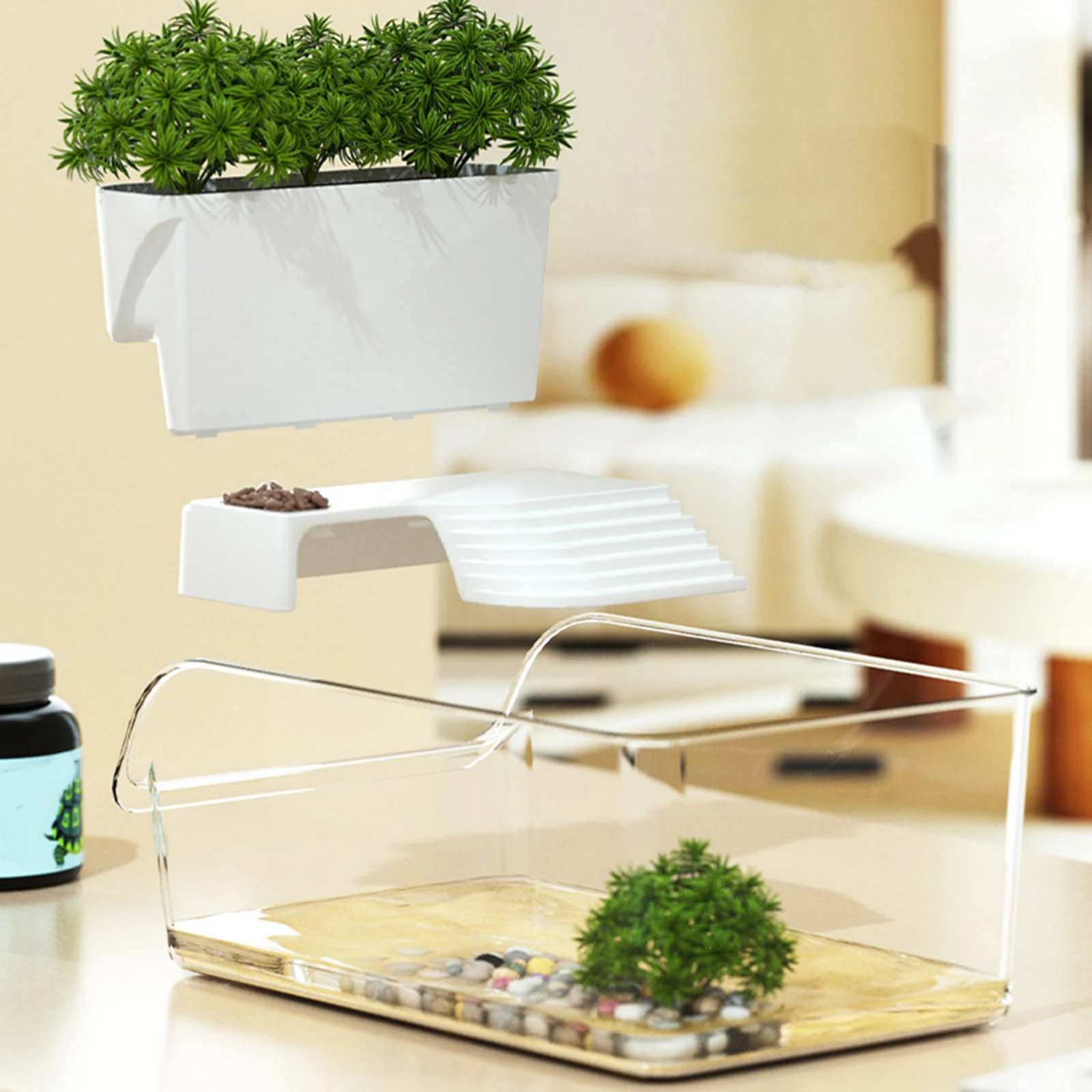 Pequeño tanque de tortuga, caja de cría de terrapin, hábitat de reptiles con plataforma de rampa para cangrejos, tortuga, cangrejos, Reptiles pequeños - imagen 3