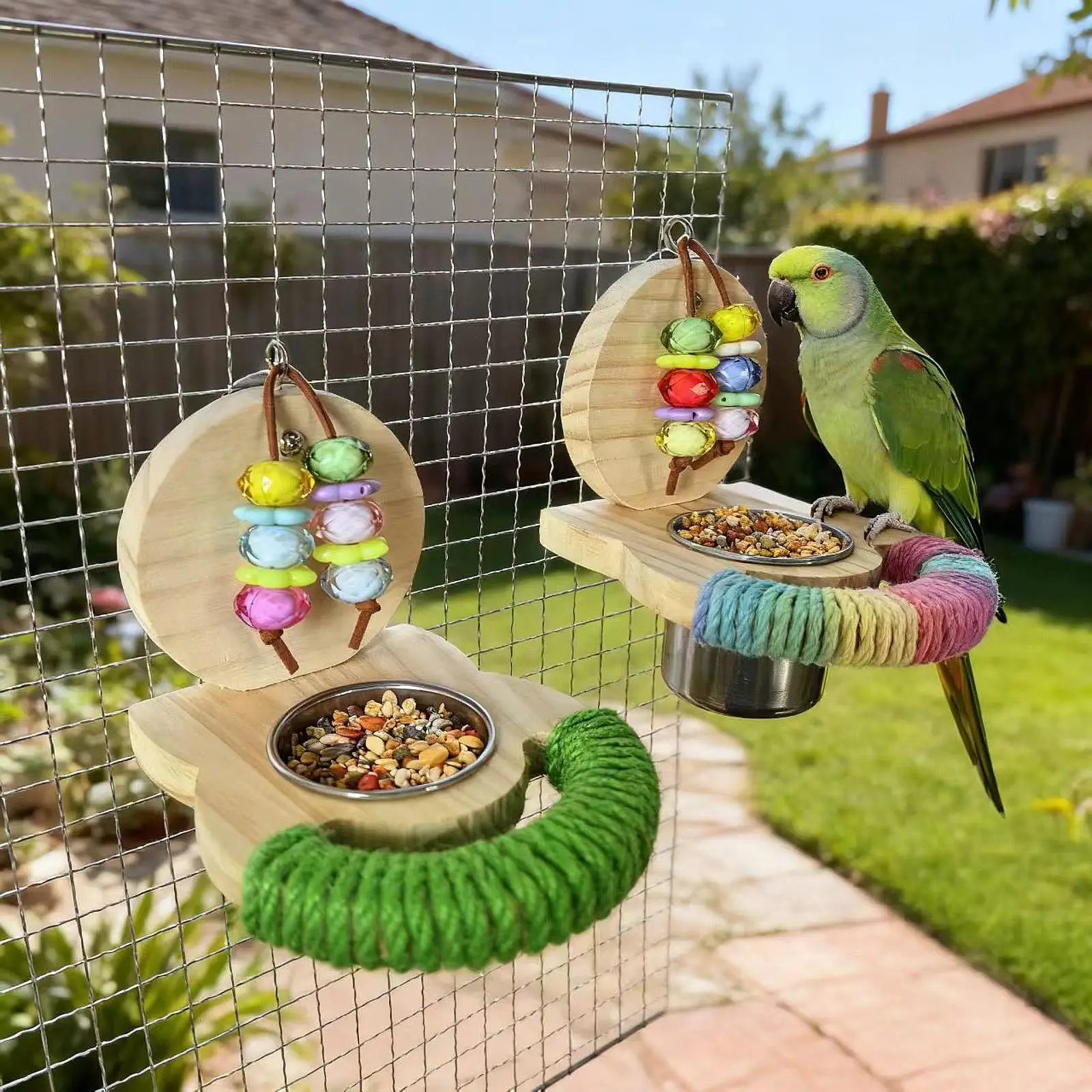 Comedero colgante para pájaros, soporte de madera para percha con plato de alimentación, tazas, jaula, accesorios para periquitos, Conures, Lovebirds - imagen 2