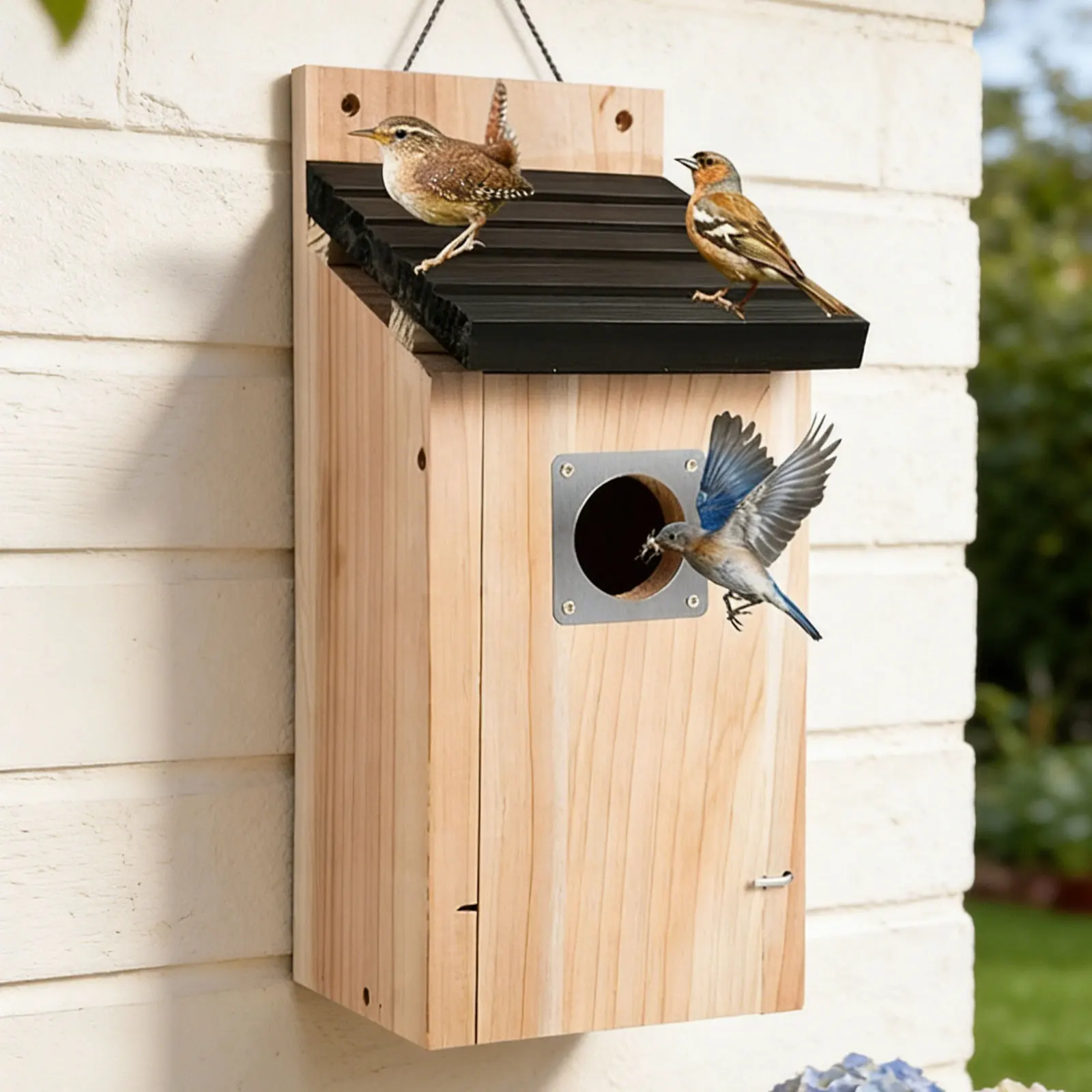Casa para pájaros azul colgante - nido de madera resistente - imagen 3