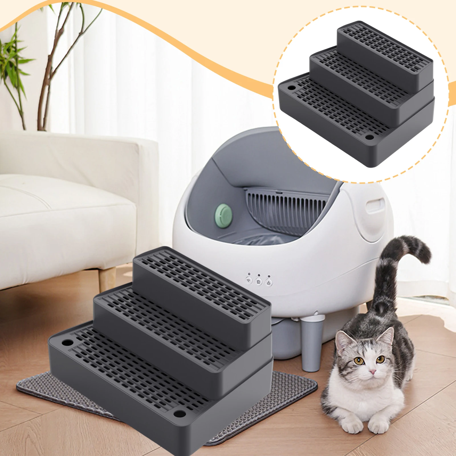 Rampa de caja de arena de 3 pasos, caja de arena lavable y antitransporte, alfombrilla para gatos de interior, suministros de limpieza para mascotas y gatitos - imagen 3