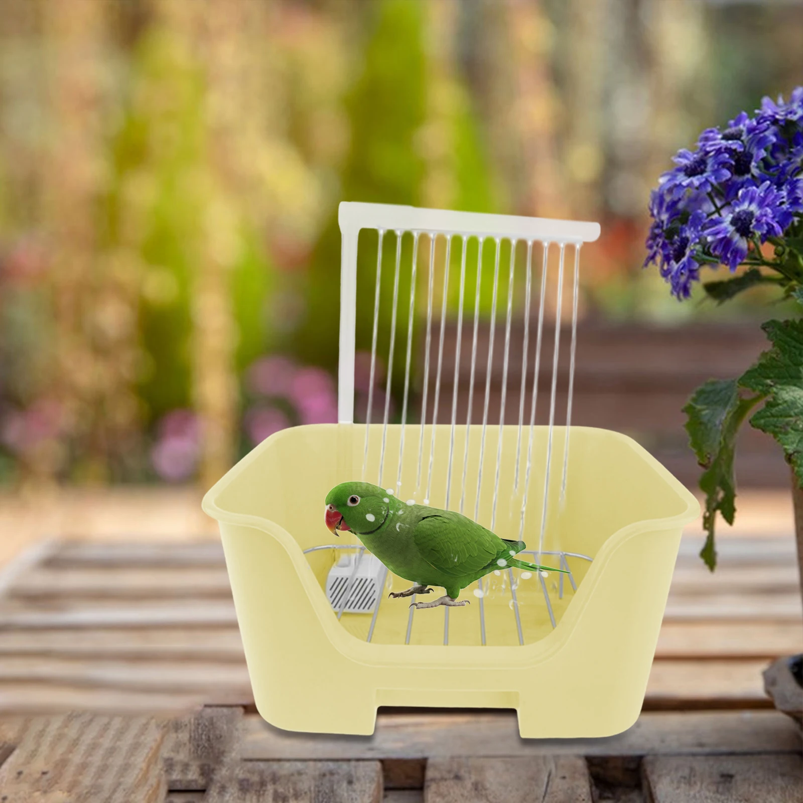 Bañera automática para pájaros con soporte, perca, suministros de limpieza para ducha de loros interiores, accesorios para jaula para cacatúa Canary Conure
