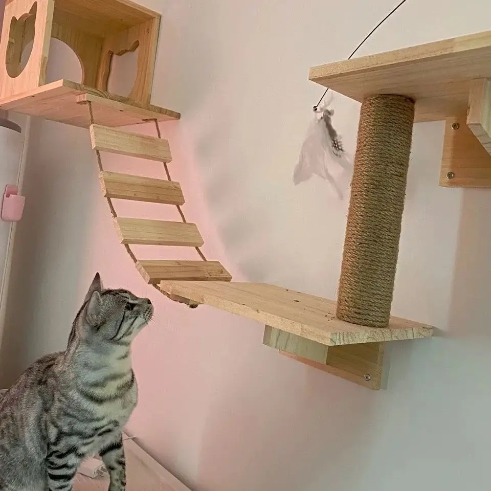 Marco de escalada con garra de tierra de 100cm, muebles para gatos montados en la pared, escalera de escalada de madera maciza con Sisal - imagen 2