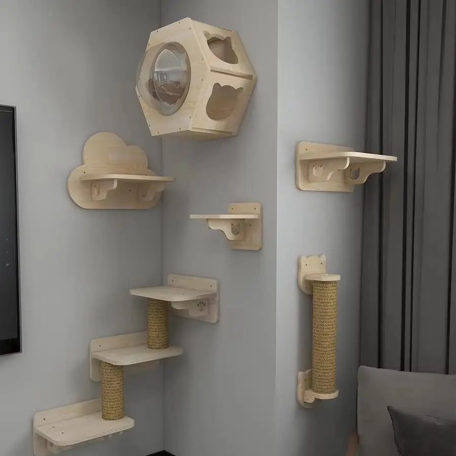 Muebles para gatos, puente de suspensión de madera maciza, escalera de escalada de Sisal montada en la pared, peldaños de madera ecológicos para el paraíso del gato - imagen 4