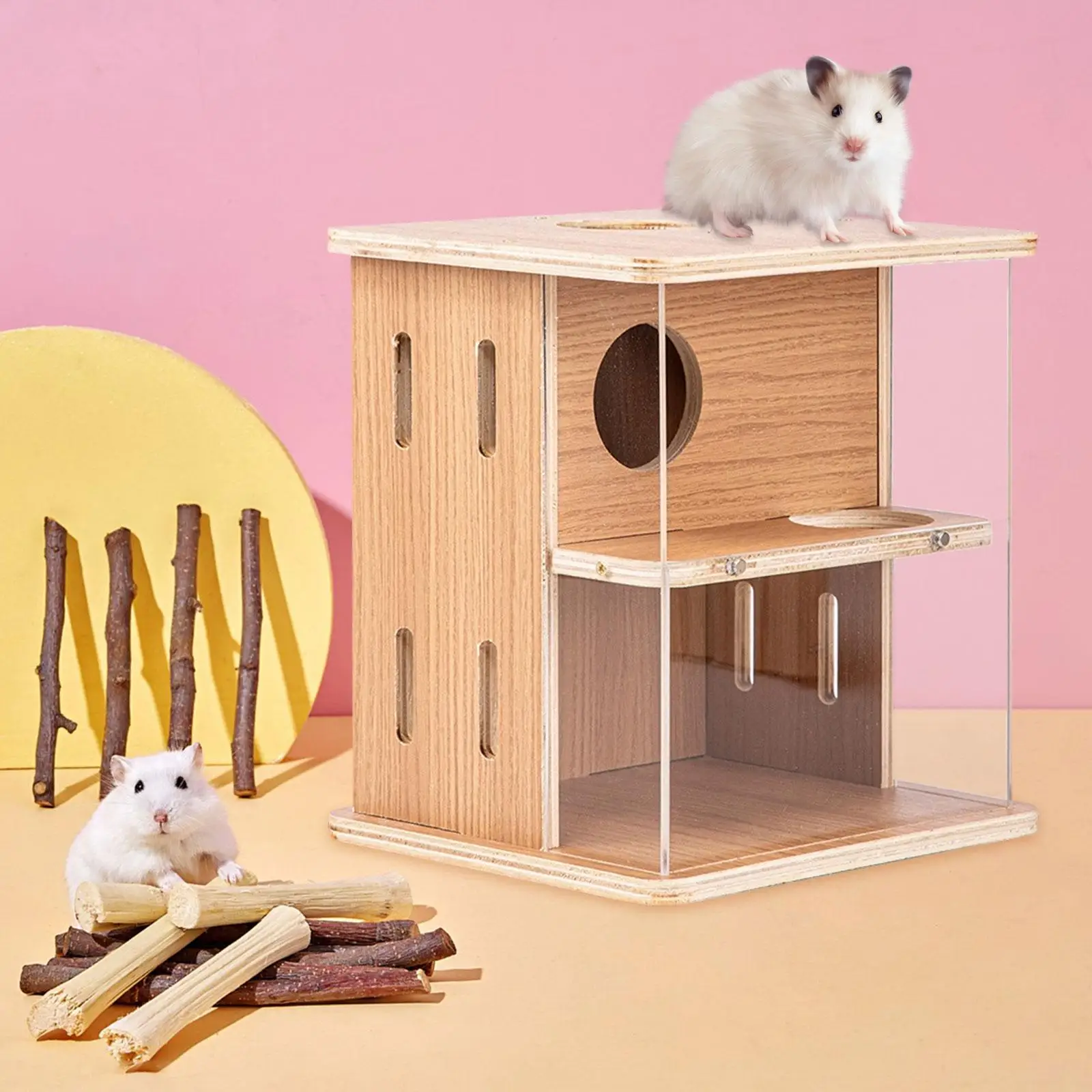 Casa de madera para hámster, 2 capas, hámster, gerbils, escondite, Animal PEQUEÑO, actividad, juguete para escalar, jaula, accesorios para ratones Chinchilla