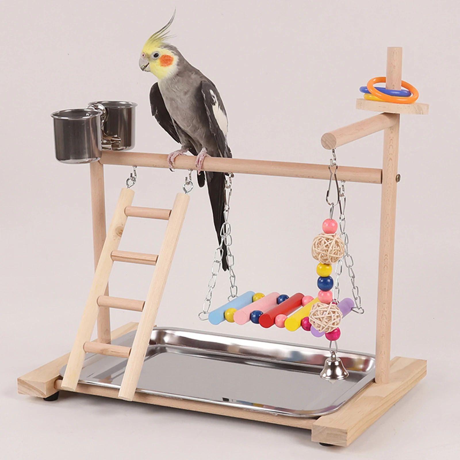 Mesa de juegos para loros con 2 tazas de alimentación, parque infantil de madera para loros, Conures, cacatúa, Lovebird, suministros para pájaros - imagen 2