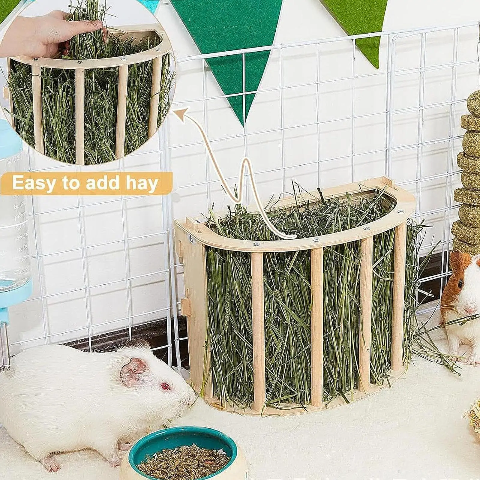 Estante alimentador de heno de conejito, dispensador de hierba de animales pequeños de madera, soporte de alimentación de conejillo de indias para hámster, Chinchilla, ardilla - imagen 3