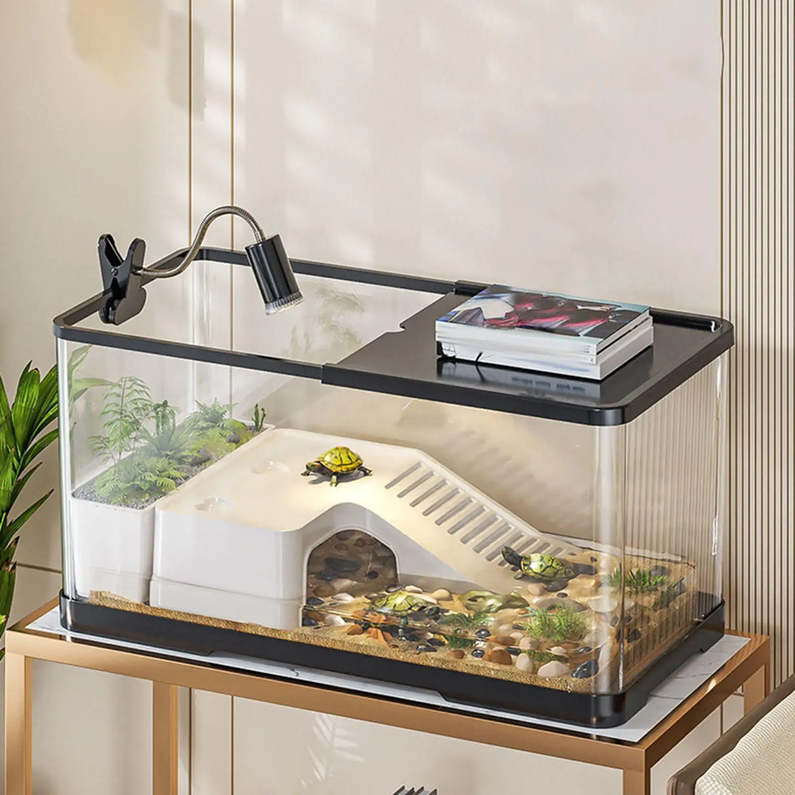 Tanque de peces de plástico para el hogar, tanque de tortugas con plataforma de tomar el sol para cangrejos, peces, anfibios, reptiles, pecera pequeña - imagen 4