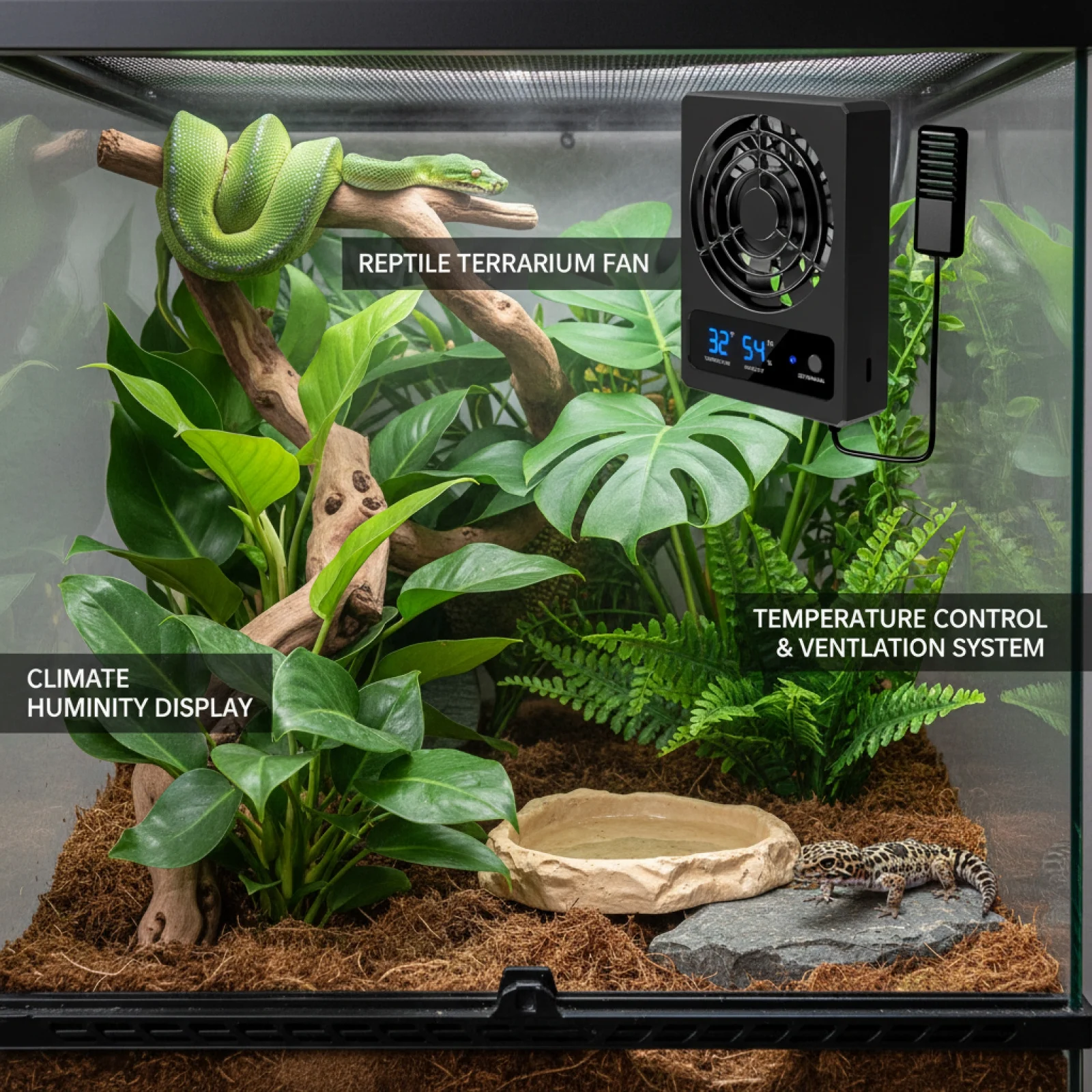 Ventilador de ventilación para reptiles alimentado por USB con termómetro Digital LED y medidor de humedad para terrario con carcasa de tanque de reptiles - imagen 3