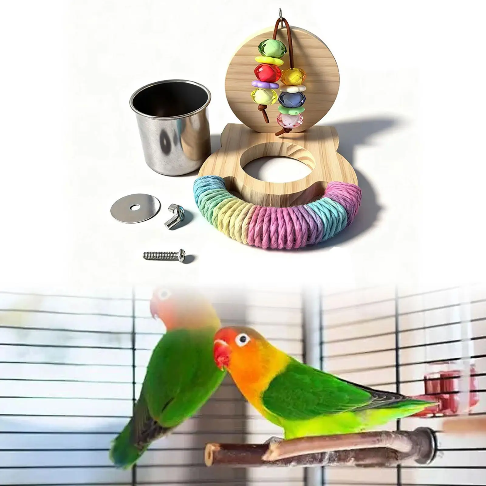 Comedero colgante para pájaros, soporte de madera para percha con plato de alimentación, tazas, jaula, accesorios para periquitos, Conures, Lovebirds - imagen 4