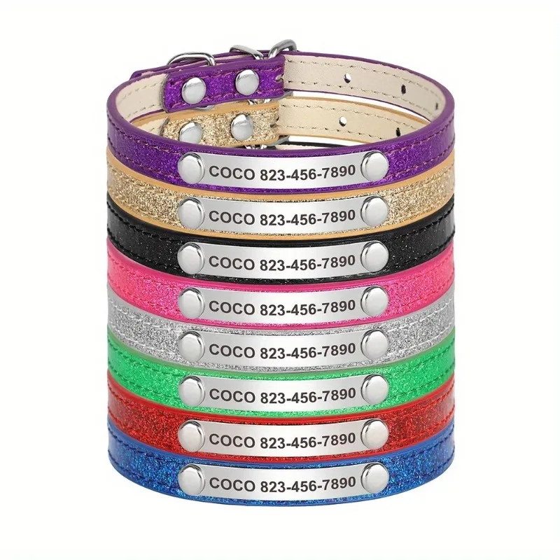 Collar personalizado de cuero con nombre grabado para gatos y perros