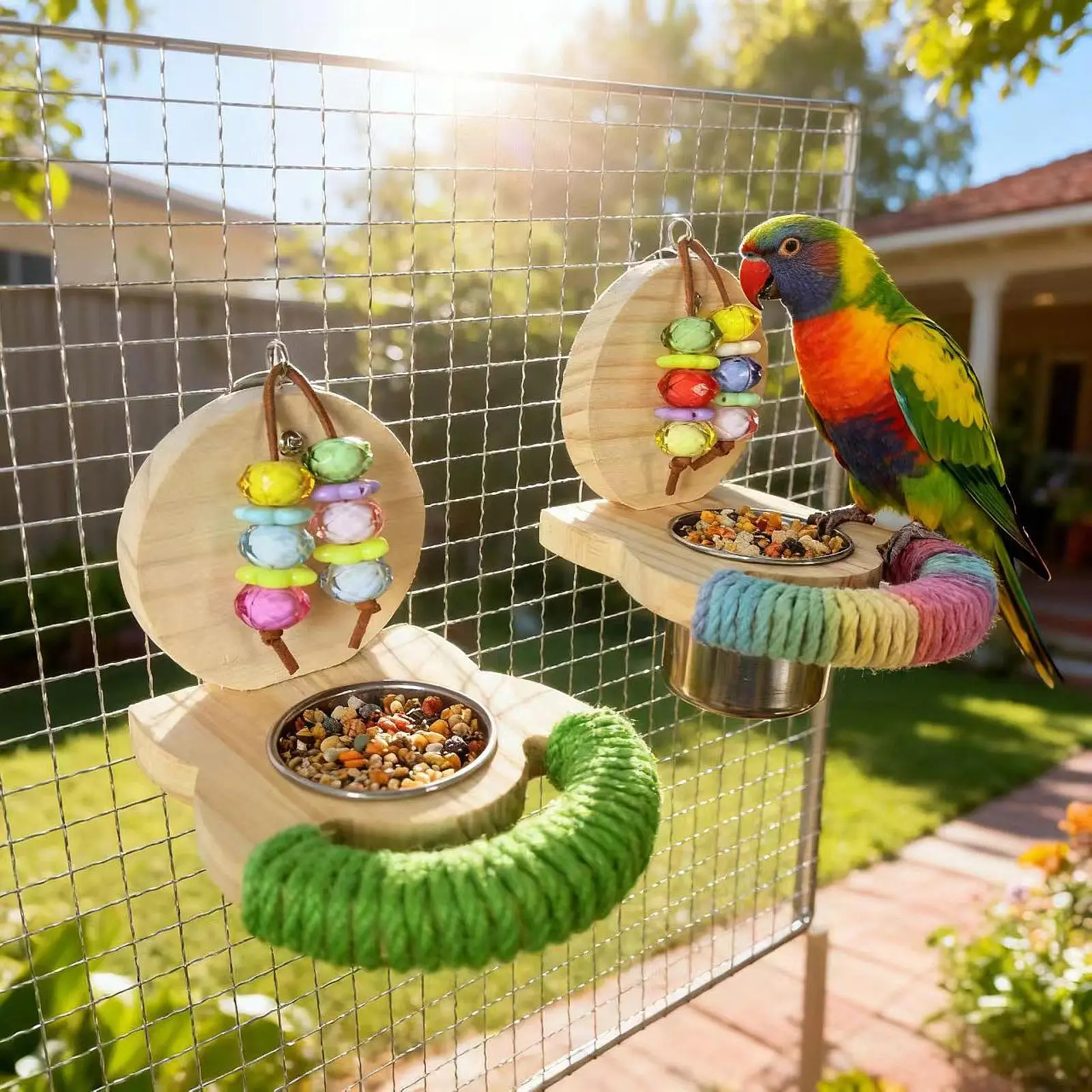 Comedero colgante para pájaros, soporte de madera para percha con plato de alimentación, tazas, jaula, accesorios para periquitos, Conures, Lovebirds