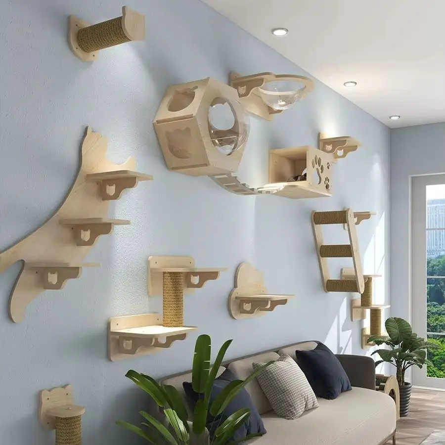 Muebles para gatos, puente de suspensión de madera maciza, escalera de escalada de Sisal montada en la pared, peldaños de madera ecológicos para el paraíso del gato - imagen 5