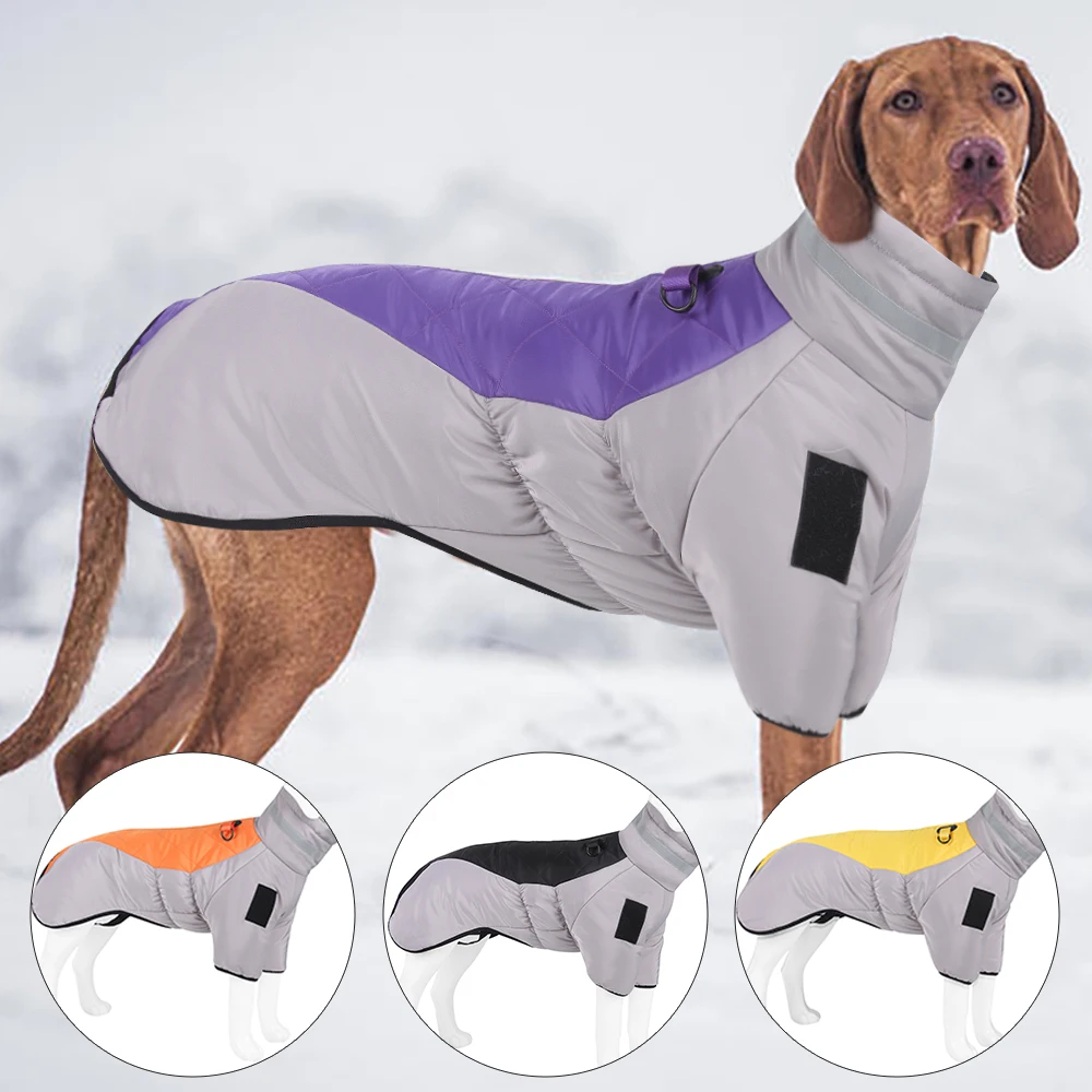 Abrigo cálido para perros grandes, chaqueta acolchada reflectante de invierno para perros en clima frío con arnés, chaleco impermeable incorporado para mascotas, traje de nieve