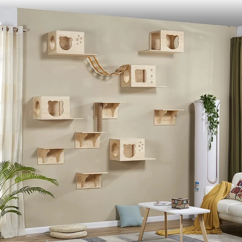 Conjunto completo de marco de escalada para gatos montado en la pared con postes para rascar, marco de escalera, plataforma para saltar, casa para gatos y hamaca - imagen 5