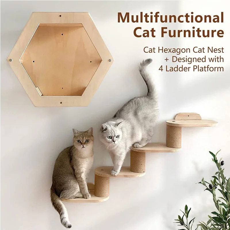 Estantes para gatos montados en la pared, estante de madera para escalar con apariencia de gato, muebles de árbol trepador de pared para gatitos, escalera de cuatro escalones, hamaca interior para gatos - imagen 3