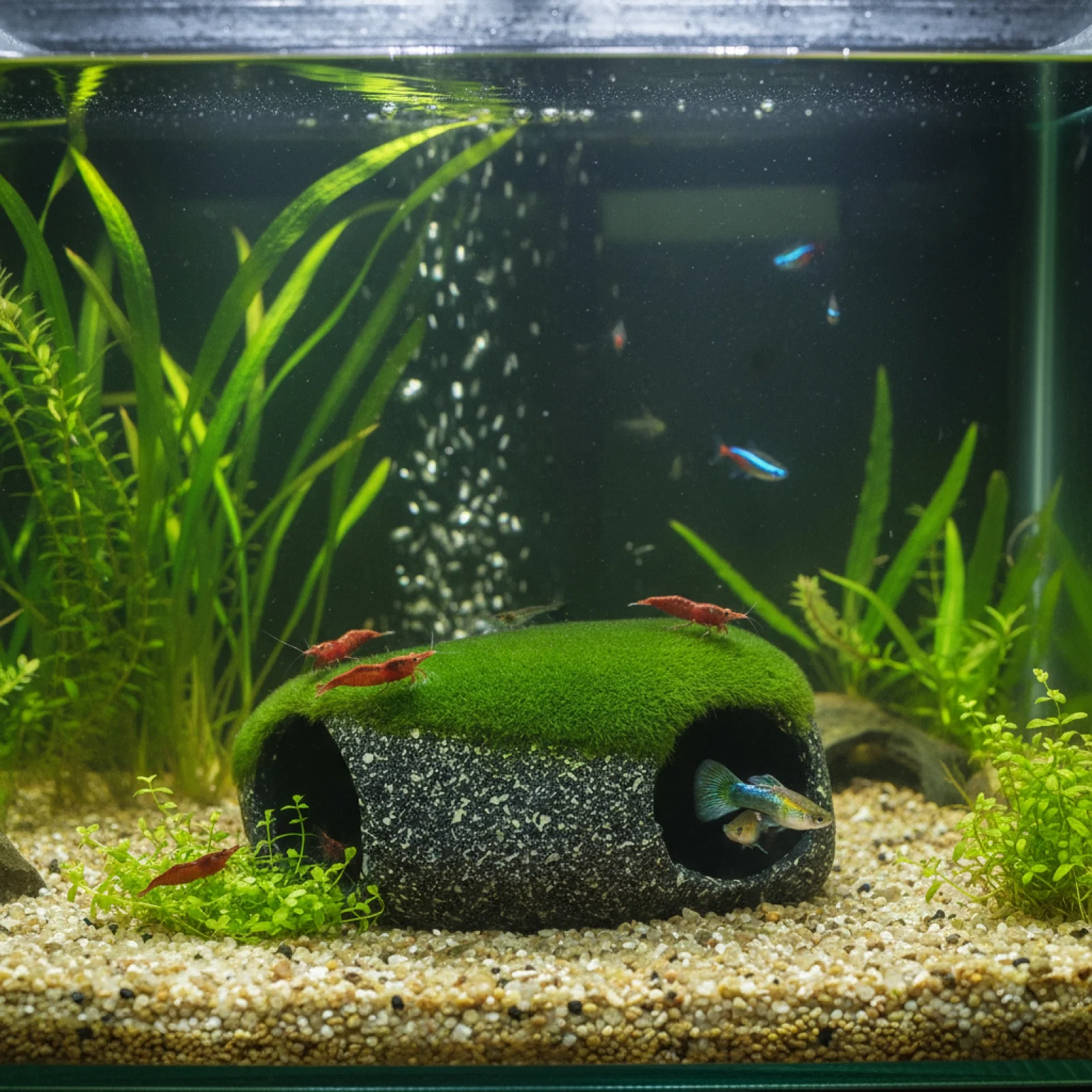 Cueva oculta de acuario de resina con musgo Artificial, ocultador de peces y camarones, decoración de paisajismo para pecera acuática