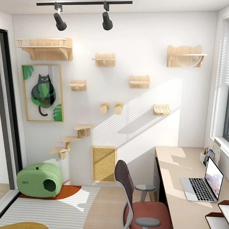 Conjunto completo de marco de escalada para gatos montado en la pared con postes para rascar, marco de escalera, plataforma para saltar, casa para gatos y hamaca - imagen 4