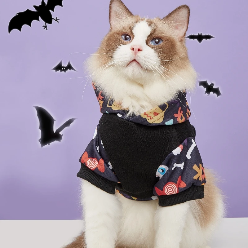 Sudadera con capucha para mascotas de Halloween con divertidos paneles estampados, sudadera con capucha negra para perros pequeños/gatos, traje festivo único para fiestas - imagen 2