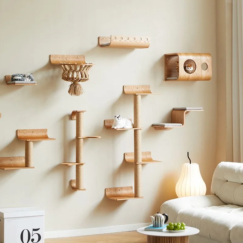 Juego de torre de árbol montada en la pared para gatos con hamaca, escaleras y casa para gatos, accesorio para muebles para mascotas para pasear y jugar - imagen 5