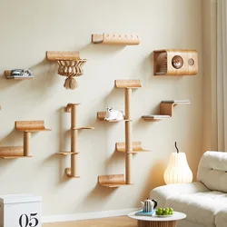Hamaca-estante para gatos montada en pared con poste de sisal