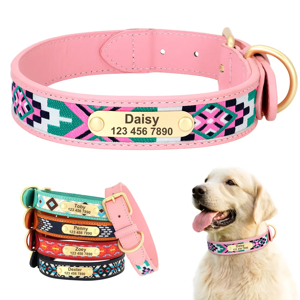 Collar exótico personalizado para perro, accesorio de piel sintética, con nombre de Mascota, ID, acolchado, étnico, ajustable, para perros pequeños, medianos y grandes