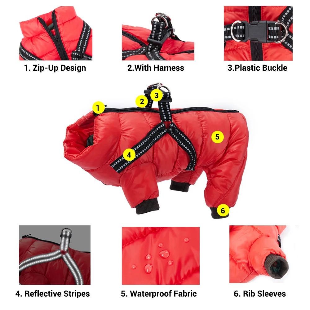 Abrigo de invierno para perros pequeños y medianos, chaqueta impermeable acolchada para perros con arnés, traje suave para la nieve para mascotas, monos cálidos para cachorros, Bulldog - imagen 2