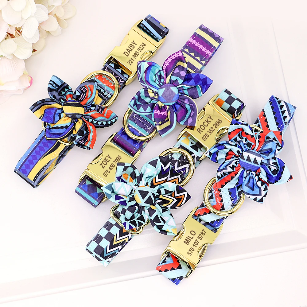 Collar de nailon personalizado para perro, Collar de identificación de mascotas con hebilla de etiqueta personalizada, accesorios de flores para perros pequeños, medianos y grandes, Bulldog - imagen 2