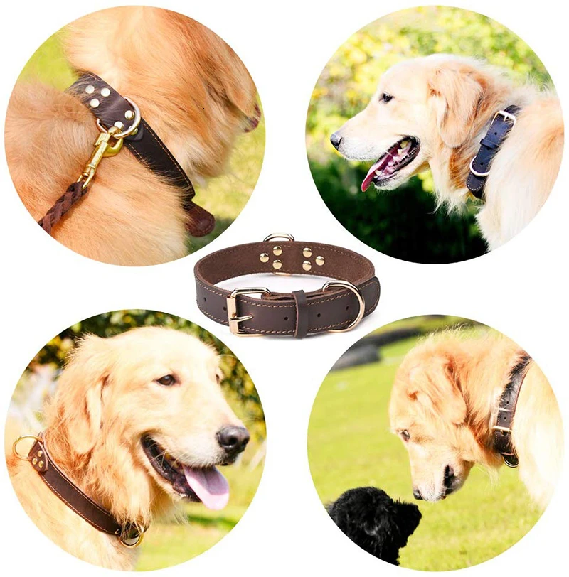 Benepaw Quality Genuine Leather Dog Collar Durable Vintage Heavy-duty Rustproof Double D-Ring Pet Collar For Medium Large Dogs - imagen 2